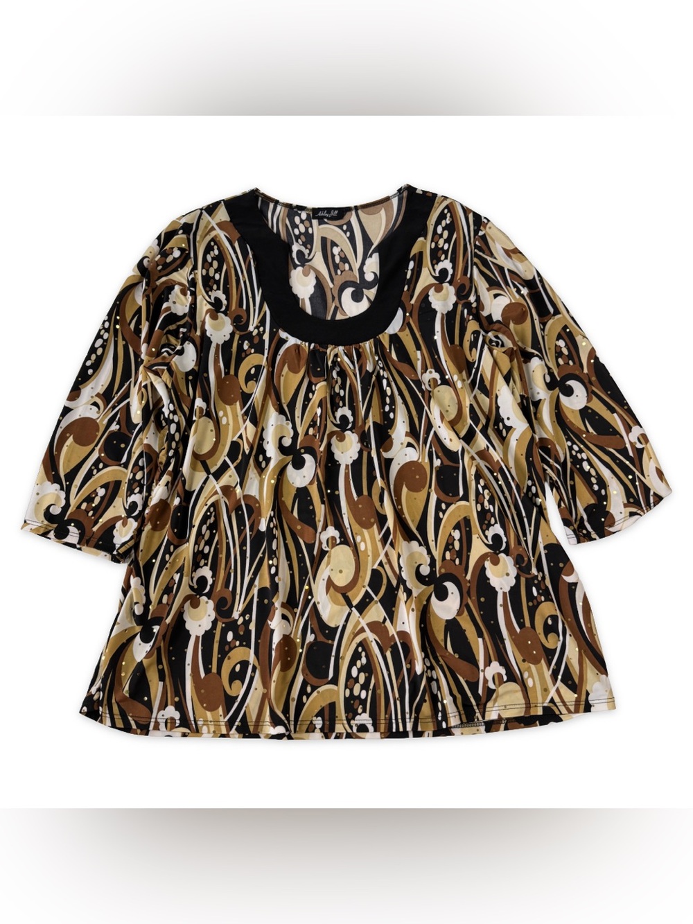 Ashley Jill Sequined Blouse Womens XL Tan Black Beige White 3/4 Sleeve Stretch